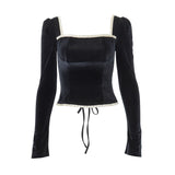 Zingj 2023 New Women's Sexy Temperament Square Collar Plush Wood Ear Back Strap Long-Sleeved