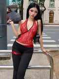 Red Lace Sheer Halter Crop Top And Flare Pants Set- Outfit