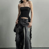 Summer Y2k Tank Tops Asymmetrical Fringed Ruffle Top Streetwear Black Strapless
