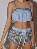 Women Pajamas Sets 2 Pieces Loungewear Suits Plaid Print Camis Cropped Tank Tops Drawstring Shorts Sleepwear
