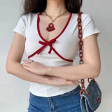 V-Neck Bow Knot Short Sleeve Coquette TeeOutfit
