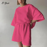 Rose Red Summer Soft Sets Women 2022 100% Cotton Suits Loose Casual 2-Pieces Short T and Shorts Pants Solid