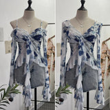 Kinking Of The Net Yarn Irregularly Kinked Lotus Lobe Slings Shoulder Horn Sleeve T-Shirt Short Top