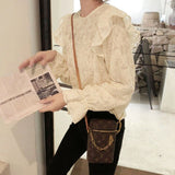 Women Apricot Newly Lace Ins Sweet Fashion Design Spring Flare Sleeve BF Lovely O-Neck Classy Female Solid Slim
