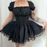 Shoulder Lace Spliced Dress Dark Style Waist Shows A Thin And Fluffy Short Skirt