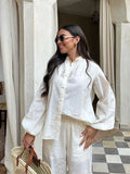 Women Solid Flower Shape Hollow Out Pants Sets Women Fashion Long Sleeve Lapel Shirt Elastic Waist Suits Casual Loose