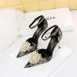 Zingj Banquet High Heel Shallow Mouth Empty A Word With Pointed Diamond Pearl Flower Sandal High