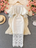 Hollow Out Lace Bodycon Long Dress Women Elegant Red/Pink/White Off Shoulder Patchwork Maxi Party Vestidos 2023 Autumn