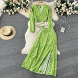 Zingj And Autumn Holiday Style Vintage Flower Suit Women's Long-Sleeved French Thin V-Neck Blouse + Forked Skirt Two