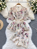Flower Embroidery Lace Shorts Set Women Short Sleeve Hollow Out Ruffles Shirt Top+Wide Leg Shorts Summer 2 Piece