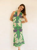 Women Sexy Sleeveless Backless Halter Print Tops Sets Fashion High Waist Slim Long Skirts Suits Summer Female Vocation