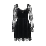Dark Dress Lace Stitching Shows Chest Long-Sleeved Lotus Leaf Edge Waist Shows Thin Casual