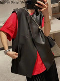 Black Leather Vest Women Chic Irregular Design Biker Leather Vest Fashion Trend Loose Thin Pockets Sleeveless