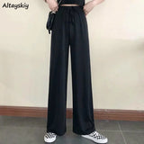 Leg Pants Women Pure Black Lace-up Korean Style Loose Leisure High Waists Female Spring Long Daily Trousers Streetwear