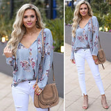 V Neck summer printed Flora lace Up chiffon blouse Ladies Long Sleeve Shirts blusas mujer de moda