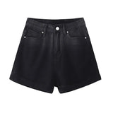 High Waist Button Wide Leg Black Jeans Shorts New Summer Casual Gradient All-match Fold Loose Fit Blue Denim Shorts