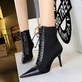 Zingj Korean Version Fashion Sexy Skinny Female Boots, High Heels, Shallow Pointed Head Cross Straps Ankle
