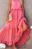 Casual Long Dress Women Summer Female Ruffle Pullover Beach Dresses Ladies Elegant Sleeveless Hollow Tie-Up Party
