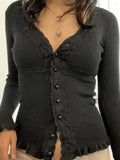 Black Knit Top with Front Buttons and