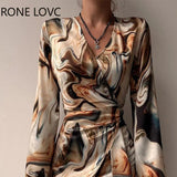 Women Chic V Neck Waistband Long Sleeve All Over Print Abstract Pattern Mini Bodycon Print