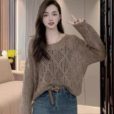 Zingj Lazy Wind Hollow Out V-Neck Sweater Female Spring And Summer 2024 New Fashion Versatile Show Thin Long-Sleeved