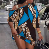 Zingj Hot Style Autumn Print Metal Buckle Diagonal Shoulder Neck Button Dress