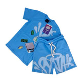 Aesthetics Male Gothic 2-Piece Hip-Hop Alphabet Print 0-Collar T-Shirt + Rope Wide Legs And