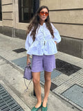 Printed Bow Lace Up Hollow Out Shirt Women loose O Neck Puff Sleeved Tops Blouses 2024 Spring Female Cropped