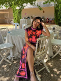 Female Vintage Printed Long Skirts Suits Chic Round Neck Sleeveless Crop Tops High Waist Skirt Set Female Street