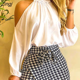Women Frill Hem Shirred Neck Cold Shoulder Top & Houndstooth Wrap Tie Front Skorts Set Autumn Two Piece Sexy Bodycon Skirts