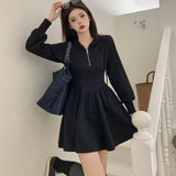 Zippers Women Dresses Mini Solid Korean Style Long Sleeve Elegant Leisure Soft Fashion Vintage Simple Streetwear
