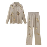 New Lapel Single-Breasted Long-Sleeved Shirt Straight Casual Trousers Sequins Embroidered