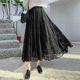 Midi Long Lace Skirts Spring Summer Elastic High Waist Female Mesh Pleated Skirt Fairy