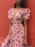Vintage Style Sequin Strawberry Mesh Pleated Maxi