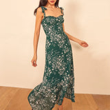 For Women Elegant Vintage Floral Dress Frill Sweetheart Neck Sleeveless Strap Tie Ruffle Hem Summer Beach
