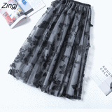 Tulle Skirt Women Vintage Butterfly Embroidery Elastic High Waist A-Line Mesh Pleated Skirt Female Midi Skirt Faldas