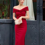 New Dress For Women Elegant Midi Bodycon Off Should Solid One Piece Slim Clothing Femme Fashion Party