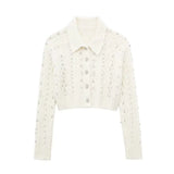 Spring Style Beaded Diamond Lapel Knitted Sweater Short Coat