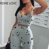Women Star Print O-neck Crop Tank Top & Long Pants Set 2 Piece Casual