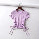 Side Drawstring Tie Up Ruched Tank Tops Women Solid Color Slim Crop Top Ladies Streetwear Ribbed Knitted