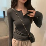 U-Collar Half-Breasted Thread Bottomed Shirt Women's Spring And Autumn New Shoulder Long-Sleeved T-Shirt With Solid Color