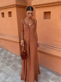 Single Breasted Ruffle Suspender Maxi Dress Women Sexy Deep V Neck Backless Slim Dreses Summer Lady Party Vacation