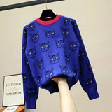 Quality Runway Designer Cat Print Knitted Sweaters Pullovers Women Autumn Winter Long Sleeve Harajuku Sweet