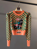 Fashion Cartoon Cat Embroidery Knitwear Women's Autumn/Winter Plaid Bubble Sleeve Casual Short High Waist Pullover