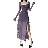 Zingj Temperament Flounce Square Collar Slit Dress Female Solid Color Long Sleeve Strap Wrap Buttock Long