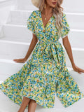 Zingj Women's Hot Style Dress 2023 Summer Small Flowers Split V-Neck Women's