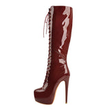 Onlymaker Women's Round Toe Stiletto Platform Zipper Knee High Boots16CM High Heel Pattern Lace Up Plus Size Boots For