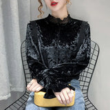 Vintage Autumn New Pleated Lace Stand Collar Blouse Women Velvet Lantern Sleeve Shirt Tops Women Cardigan Clothing