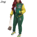Striped print Women Fall Two piece Set Sweatshirt Zipp jacket Top Trousers Sports Baseball Uniform Workout