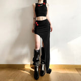 Zingj Winter Women's Embroidered Sleeveless Crop Vest Irregular Skirt Suit-Outfit